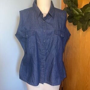 Field Gear Women's Sleeveless Denim Button Up Shirt XL Blue Cotton Pockets‎